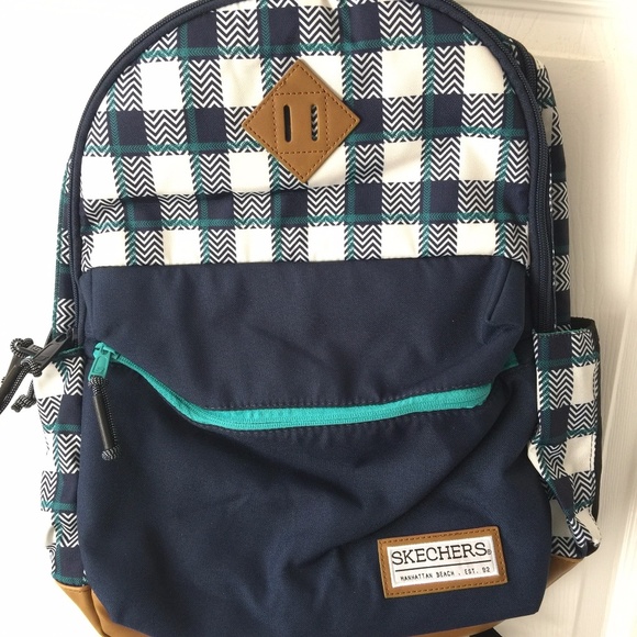 Large Navy Blue Green Plaid Laptop Backpack School Bag Knapsack - Picture 1 of 5